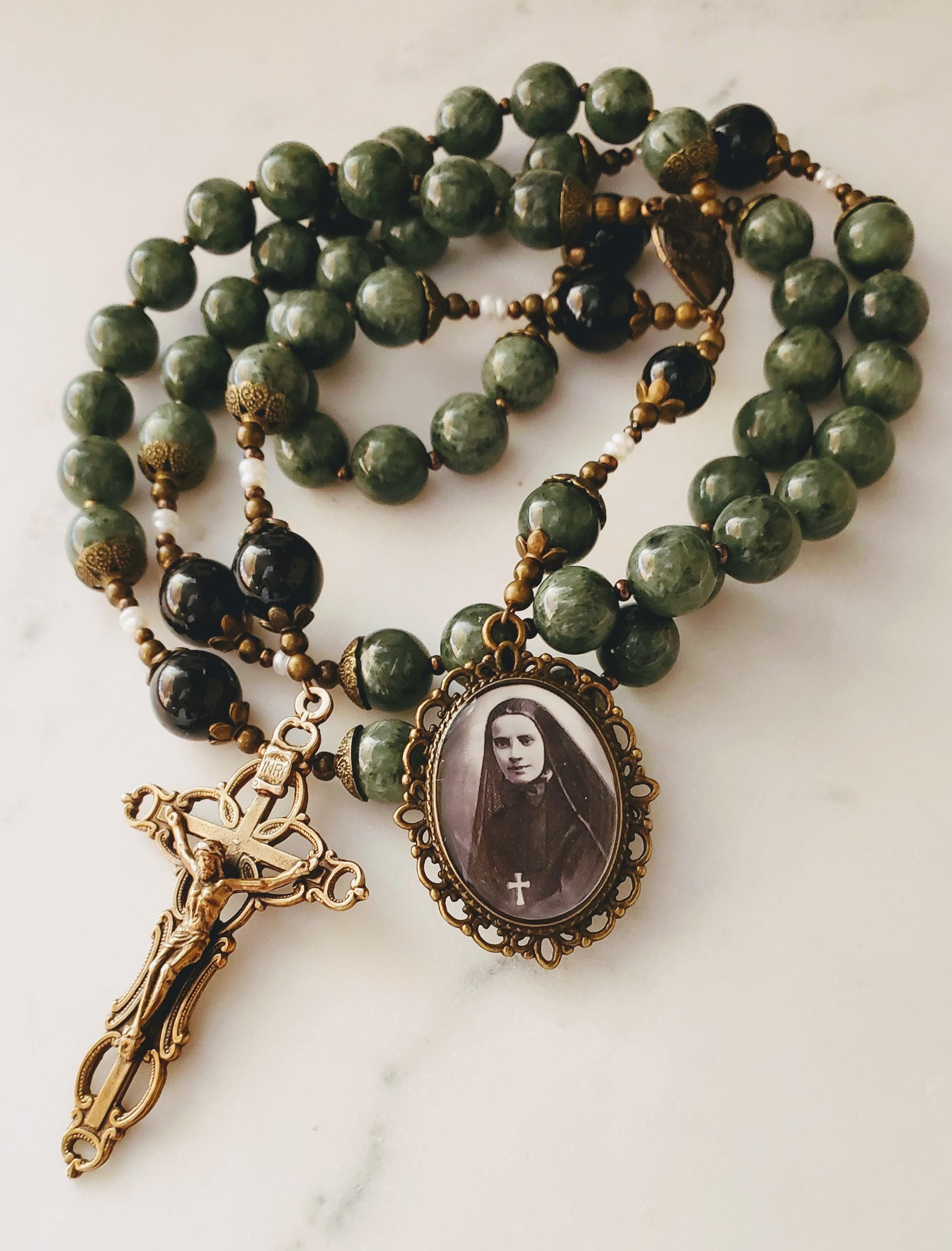 St. Frances Cabrini Handmade Large Bead Catholic Rosary in Green Rutile ...