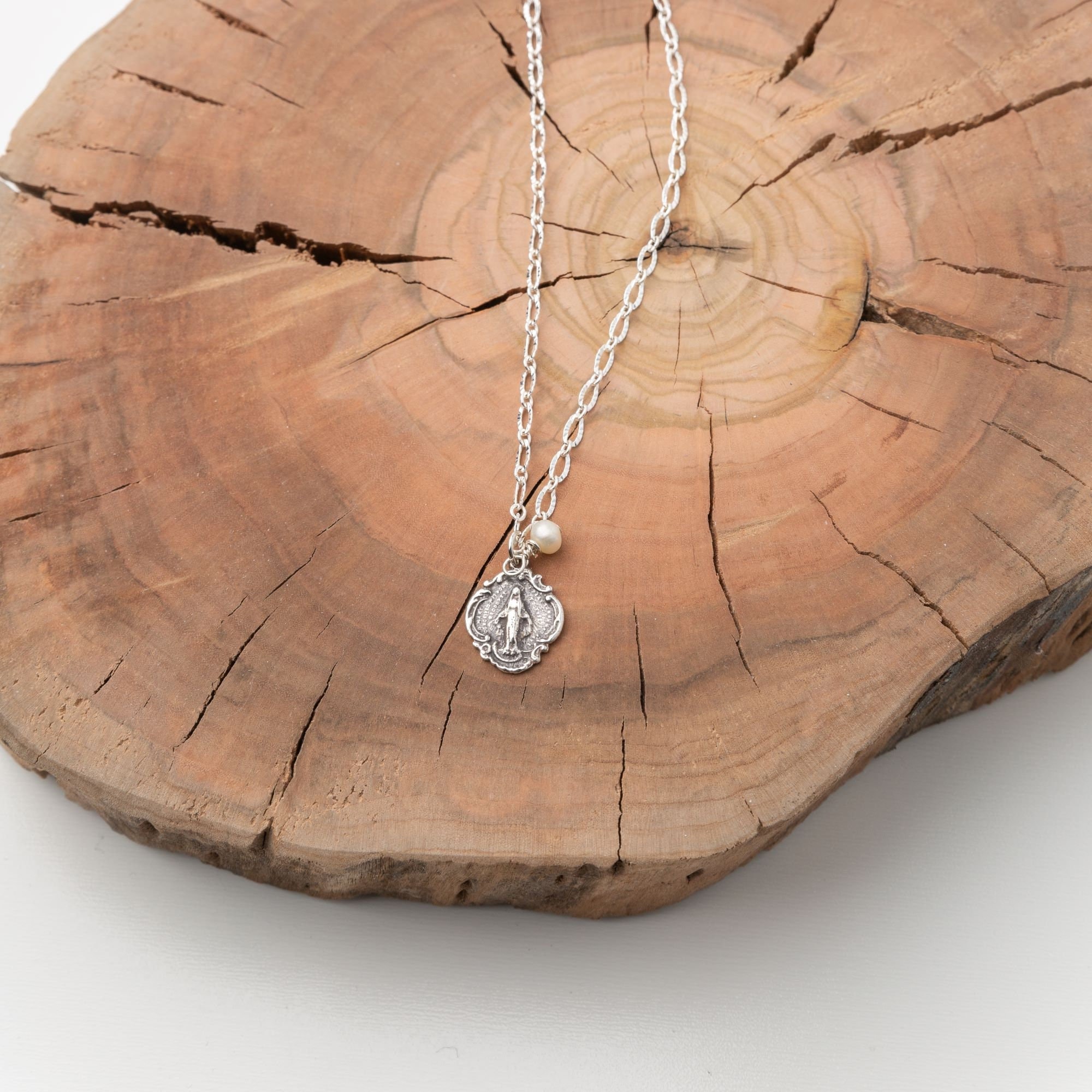 Sterling Silver Miraculous Medal Catholic Necklace  - Virgin Mary Necklace with dangle bead, Catholic Gift for Girls First Communion