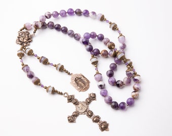 Rosa Mystica Catholic Heirloom Vintage Catholic Rosary in Cape Amethyst and Moonstone, Catholic Gift for Women, 5 Decade Purple Rosary