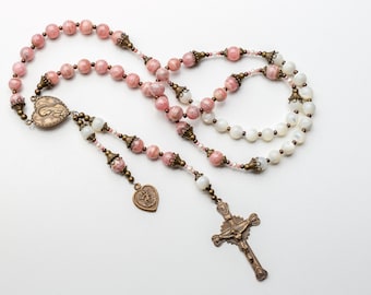 Mary's Heart Pink Baptism Rosary- Heirloom Vintage Catholic Rosary in Pink Rhodocrosite & Mother of Pearl, Catholic Baby or Sacrament Gift