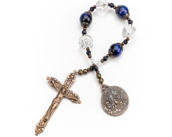 The Angelus Chaplet,  Blue and Clear Quartz Prayer Beads with Cast Bronze Medals Celebrating the Annuciation, Ave Maria Gratia Plena Medal