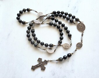 Black Chaplet of the Seven Sorrows of Mary | Rainbow Obsidian Catholic Prayer Beads