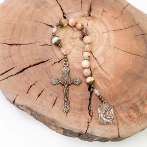 La Pieta Heirloom Tenner Rosary, Our Lady of Sorrows Vintage Catholic Rosary Beads in Chocolate Mooonstone ~ Catholic gift for Women