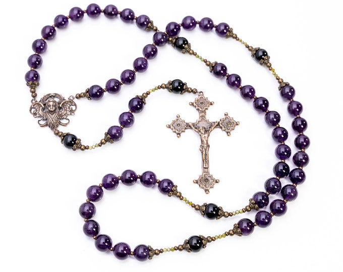 Featured listing image: Romantic Amethyst Gothic Style Catholic Rosary, This Heirloom Rosary is Reminiscent of Chartres Cathedral with Rich Color & Bronze Medals