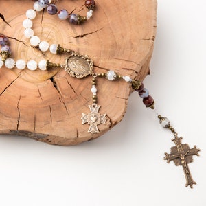 BEST SELLER! Chaplet of Divine Mercy Handmade Vintage Catholic Rosary, French Vintage Rainbow Moonstone, Red Lightning Agate and Bronze