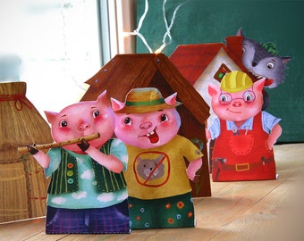 Paper craft puppet theatre digital instant download Finger for kids printable toy gift kid diy Three little pigs party decor doll wolf cute