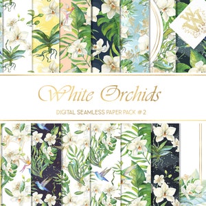 Weiße Blume Hochzeit druckbares digitales Papier, Orchidee floral nahtloses Muster Kulisse Aquarell Sommer Vorlage tropisches Paradies Planer