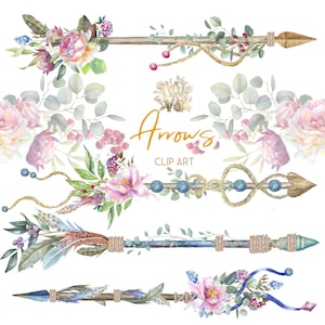 May include: Four watercolor illustrations of arrows decorated with flowers, leaves, feathers, and beads. The arrows are in various colors, including blue, green, brown, and gold. The text "Arrows Clip Art" is written in gold lettering.