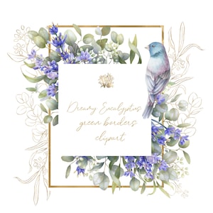 Clipart di eucalipto e lavanda, bordi floreali acquerellati, cornici, ghirlande e disegni botanici dorati