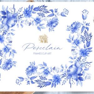 Blauwe bloemenframes illustraties, aquarel Chinoiserie clipart, indigo bloemenkrans, bruiloft png, logo arrangement, goudfolie ornament grens