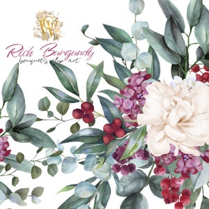 Clipart floral vermelho e branco, clipart de bordas rosa em aquarela, png de flor cor de vinho, peônia, casamento de luxo, folhas verdes, buquês de marsala
