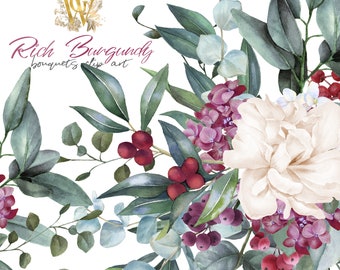 May include: Watercolor illustration of a bouquet of white peonies, pink hydrangeas, and red berries with eucalyptus leaves. The text "Rich Burgundy bouquets clip art" is written in gold lettering at the top of the image.
