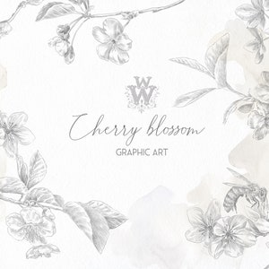 Floral graphic png clipart, fine art wedding invitation flower line nature bee spring leaves botanical black outline cherry pencil drawing