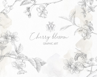 Floral graphics PNG Clipart: Hand Painted Cherry Blossom, Bee, Watercolor (Digital Download)