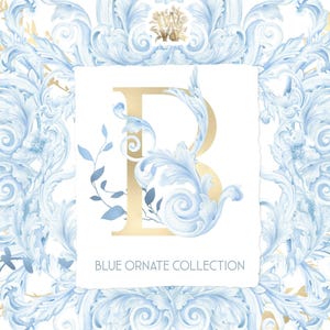 Blue Gold Watercolor Ornate Frames png, Baroque Monogram Letters Clipart, hand-drawn ornamental borders image 1