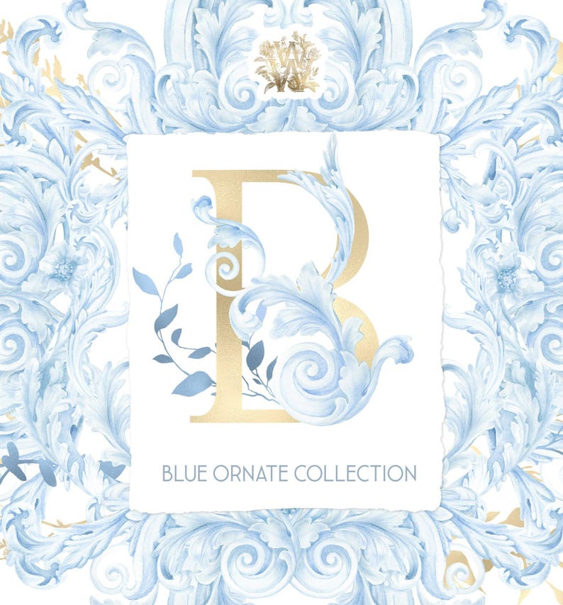 Blue Gold Watercolor Ornate Frames png, Baroque Monogram Letters Clipart, hand-drawn ornamental borders image 1