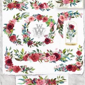 Rote Rose Aquarell Hochzeit Clipart, Marsala Blumenstrauß, Sublimation Kranz, Boho Blumen rustikale Braut Bordüre Design Pfingstrose Boho