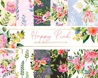 May include: A digital paper pack with 10 seamless patterns featuring watercolor pink flowers, leaves, and branches. The patterns are perfect for scrapbooking, card making, and other craft projects. The pack is called "Happy Pink" and is digital seamless paper pack #1.