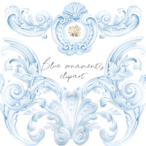 Aquarell blau Ornamente Clip Art, Barocke Elemente Clipart, Prinz Borten, antike Laubsägearbeit, Winterfrost, royal Baby shower, es ist ein Junge