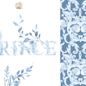 May include: The word "PRINCE" is spelled out in blue and white ornate letters with a delicate blue floral design on a white background.