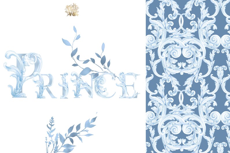 May include: The word "PRINCE" is spelled out in blue and white ornate letters with a delicate blue floral design on a white background.