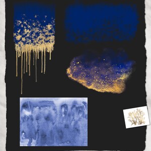 May include: Abstract watercolour art on a black background. Features four blue and gold designs. One design has gold drips, another has gold speckles, and a third has a watercolour wash. A small floral illustration is in the corner.