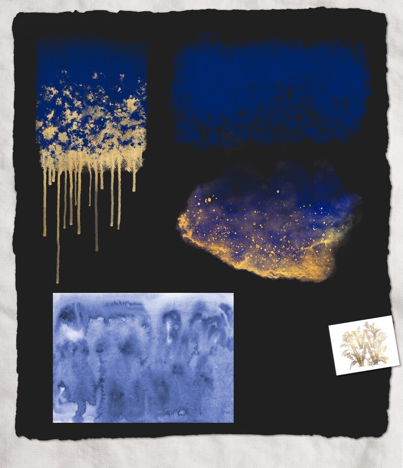 May include: Abstract watercolour art on a black background. Features four blue and gold designs. One design has gold drips, another has gold speckles, and a third has a watercolour wash. A small floral illustration is in the corner.