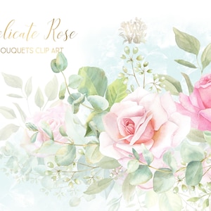Watercolor pink floral wedding border clipart, blush pink rose bouquet clip art, rustic arrangement sublimation png