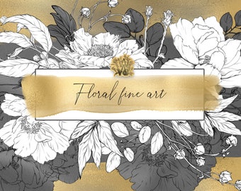 Peony Flower Clipart: Hand-painted peonies, Gold floral Wedding graphics, Black Outline (PNG)