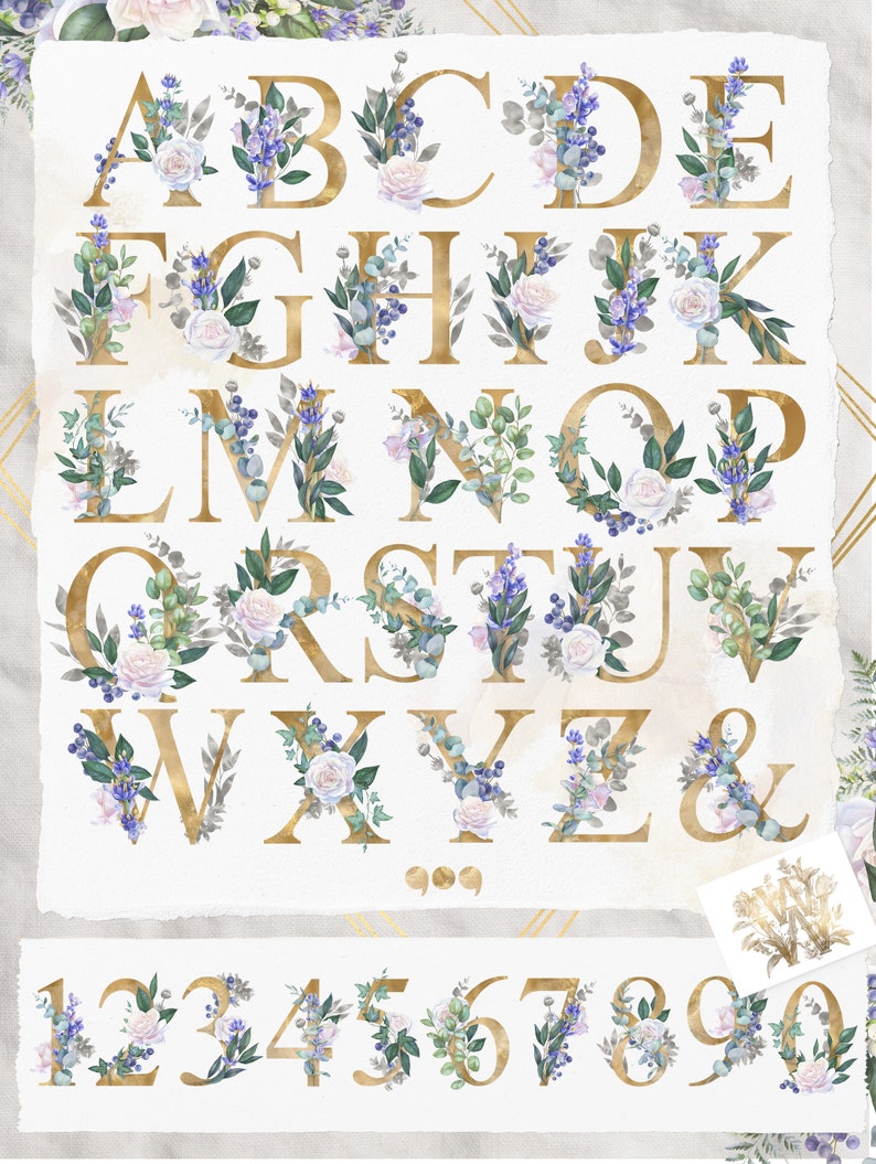 Clipart z kwiatowym alfabetem, monogram PNG, białe litery róży, herb ślubny ze złotej folii, malowane ręcznie zdjęcie 2