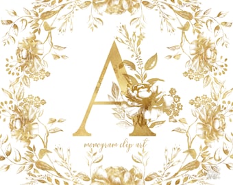 Gold Floral Monogram Clipart: Vintage Wedding Letters (PNG)