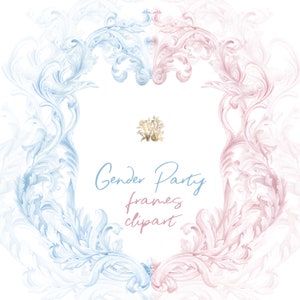 Peut inclure: Un cadre aquarelle bleu et rose avec des volutes ornées. Le texte "Gender Party frames clipart" est écrit au centre du cadre.