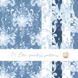 Blauwe barokke achtergrond download, naadloos patroon babyshower, aquarelornament, afdrukbare achtergrond koninklijke bruiloft, textuur voor een jongen