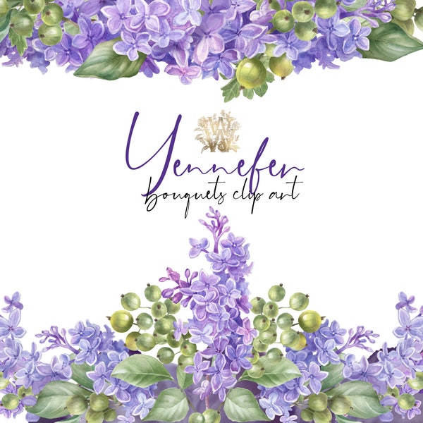 Lilac and gooseberry borders clipart, Watercolor purple floral wedding bouquet clip art, Boho invitation printable DIY png