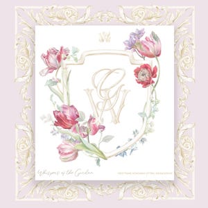 Watercolor Floral monogram frame PNG, Hand Drawn tulips and anemone flowers Wedding Crest, Letters, ornamental backdrop