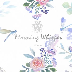 Acuarela Blush rosa floral Clip Art, peonía rosa flor clipart, eucalipto pintado a mano boho boda púrpura hojas libélula es una niña