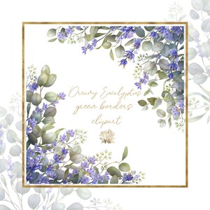 Hochzeit Blumen Clipart, Eukalyptus und Lavendel Kränze, Rahmen und Ränder PNG, Gold Greenery Botanisches Set