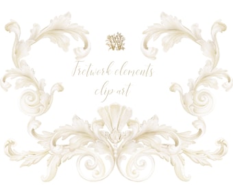 Watercolor Fretwork Clipart: Ornate Wedding Elements (Digital Download)
