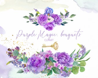 Lila akvarell blommig clipart, bröllopsbukett PNG, violett pionarrangemang (direkt nedladdning)
