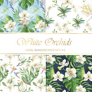May include: A digital paper pack with four seamless patterns featuring white orchids and hummingbirds. The patterns are on a blue, white, and dark blue background. The text "White Orchids" and "Digital Seamless Paper Pack #2" is displayed on a white background.