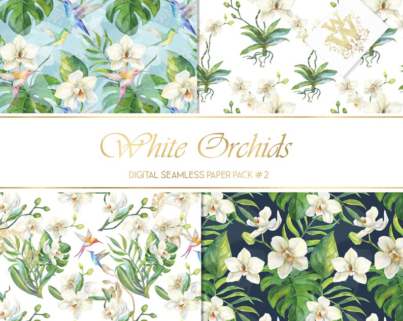May include: A digital paper pack with four seamless patterns featuring white orchids and hummingbirds. The patterns are on a blue, white, and dark blue background. The text "White Orchids" and "Digital Seamless Paper Pack #2" is displayed on a white background.