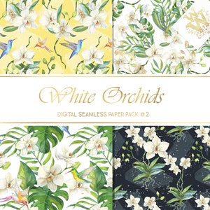 May include: Four digital seamless paper patterns featuring white orchids and hummingbirds. The patterns are on a yellow, white, black, and white background. The text "White Orchids" and "Digital Seamless Paper Pack #2" is displayed on a white background.