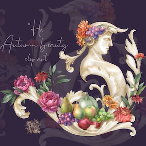 Clipart de ornamento de outono, clipart de Ação de Graças, buquês de casamento de outono em aquarela, colheita, frutas, maçãs, uvas, peônia, vintage real