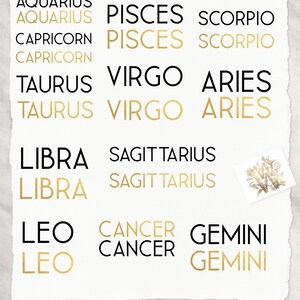 May include: A white paper featuring zodiac signs in black and gold lettering. The signs include Aquarius, Pisces, Scorpio, Capricorn, Taurus, Virgo, Aries, Libra, Sagittarius, Leo, Cancer, and Gemini. A small floral illustration is in the corner.