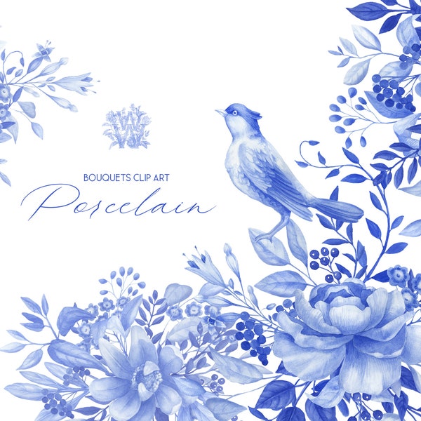 Chinoiserie clipart, Blue watercolor floral border clip art,  porcelain flower bouquet, vintage ornament png, rustic bird, hand drawn frame