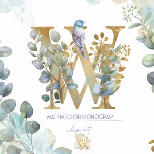 Eucalyptus monogram illustraties, aquarel alfabet clipart, bruiloft initialen PNG, bladgoud ABC, groene bladeren, groen, bloemen logo ontwerp