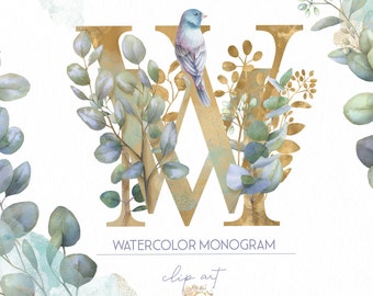 Clipart z monogramem eukaliptusa w akwareli: Alfabet w złotej folii (PNG)