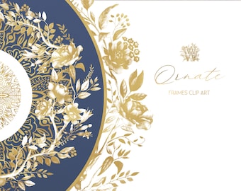 Imágenes prediseñadas de marcos florales dorados: adornos de boda elegantes pintados a mano, corona ornamentada PNG