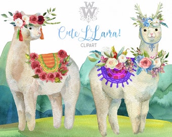 May include: Watercolour illustration of two white llamas decorated with floral crowns and colourful blankets. The text "Cute Llama! Clipart" is written in a whimsical font above the llamas, set against a backdrop of green hills.