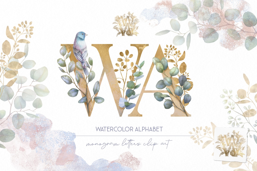 Eucalyptus Alphabet Watercolor Clipart Gold Floral Letters - Etsy Australia